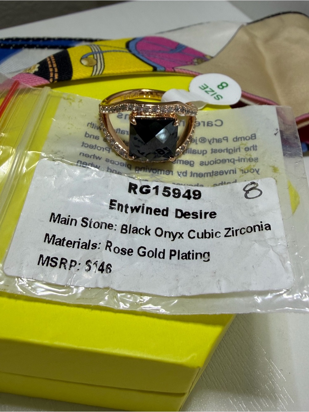 BOMB PARTY UNTAMED COLL. Rose Gold Ring with Black Onyx Cubic Zirconia - Size 8